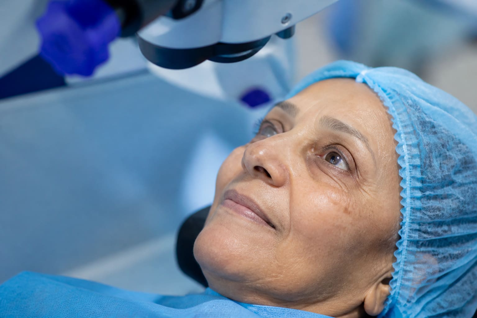 Close-up of a clear, healthy eye after cataract care in a clinical setting